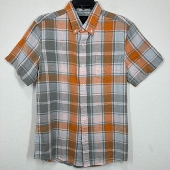14th & Union Linen Blend Orange Grey Plaid Short Sleeve Button Down Camp Shirt - Picture 1 of 7